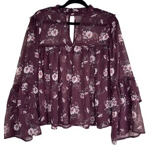 American Eagle Outfitters Blouse‎ Womens Large Burgundy Floral Sheer Bell Sleeve